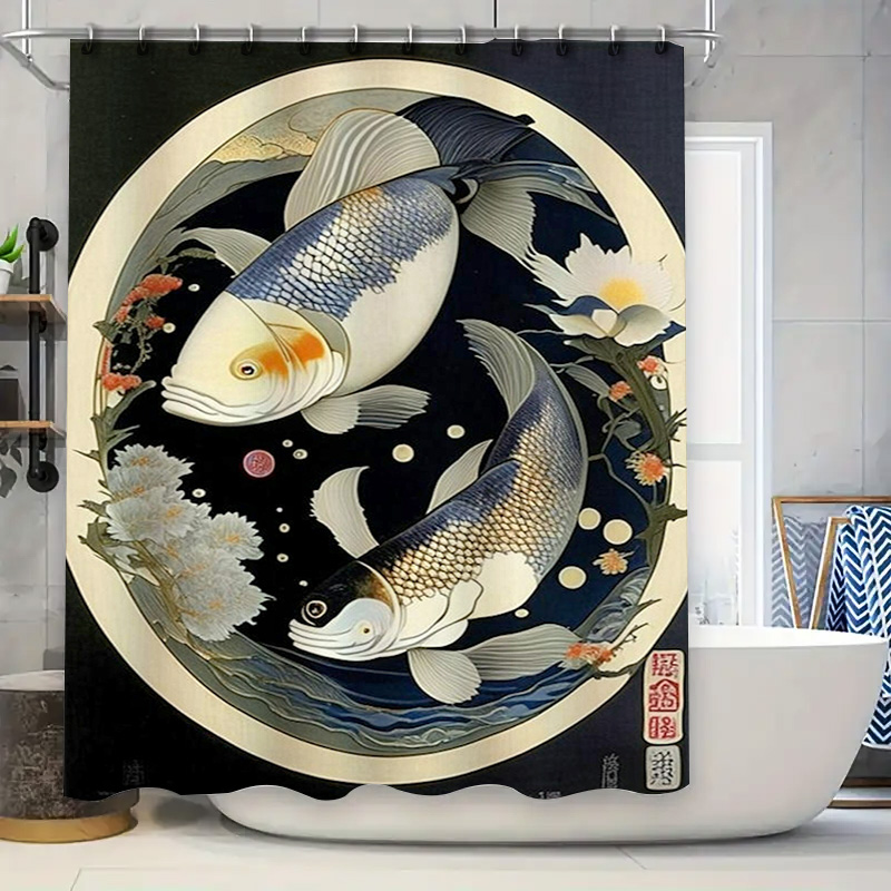 Japanese Home Bathroom Design - Rideau de douche imprimé poisson japonais